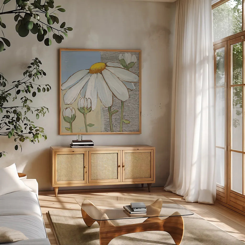 White Daisy Square II by Kathrine Lovell. Shown in a natural wood frame in a cozy modern living room. Available as an archival giclee rolled canvas, fine art paper, or poster print. SKU 43436a.