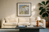 White Daisy Square II by Kathrine Lovell. Displayed in a glass frame with matte in a clean modern living room. Available as an archival giclee rolled canvas, fine art paper, or poster print. SKU 43436a.