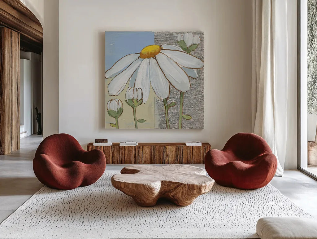 White Daisy Square II by Kathrine Lovell. Shown as extra-large giant wall art in a modern living room. Available as an archival giclee rolled canvas, fine art paper, or poster print. SKU 43436a.