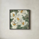 White Flowers I Dark by Kathrine Lovell. Shown in a sleek black glass frame for a contemporary gallery look. Available as an archival giclee rolled canvas, fine art paper, or poster print. SKU 50543a.