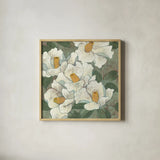 White Flowers I Dark by Kathrine Lovell. Shown in a natural wood glass frame for a timeless modern aesthetic. Available as an archival giclee rolled canvas, fine art paper, or poster print. SKU 50543a.