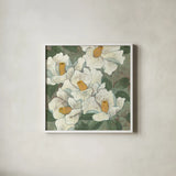 White Flowers I Dark by Kathrine Lovell. Shown in a crisp white glass frame for a clean and minimalist style. Available as an archival giclee rolled canvas, fine art paper, or poster print. SKU 50543a.