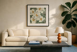 White Flowers I Dark by Kathrine Lovell. Displayed in a glass frame with matte in a clean modern living room. Available as an archival giclee rolled canvas, fine art paper, or poster print. SKU 50543a.