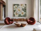 White Flowers I Dark by Kathrine Lovell. Shown as extra-large giant wall art in a modern living room. Available as an archival giclee rolled canvas, fine art paper, or poster print. SKU 50543a.