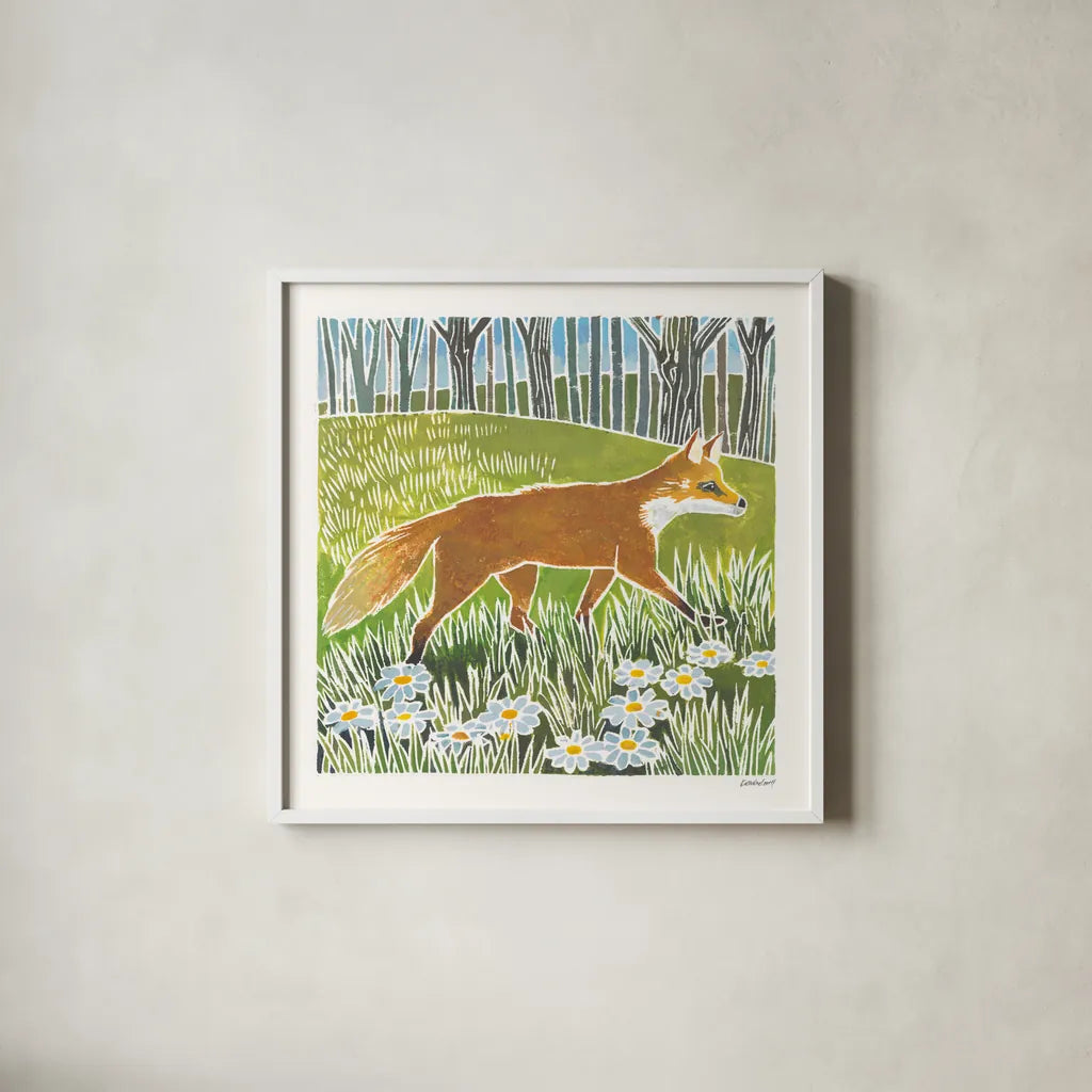 Wild Woodland I by Kathrine Lovell. Shown in a crisp white glass frame for a clean and minimalist style. Available as an archival giclee rolled canvas, fine art paper, or poster print. SKU 77883a.