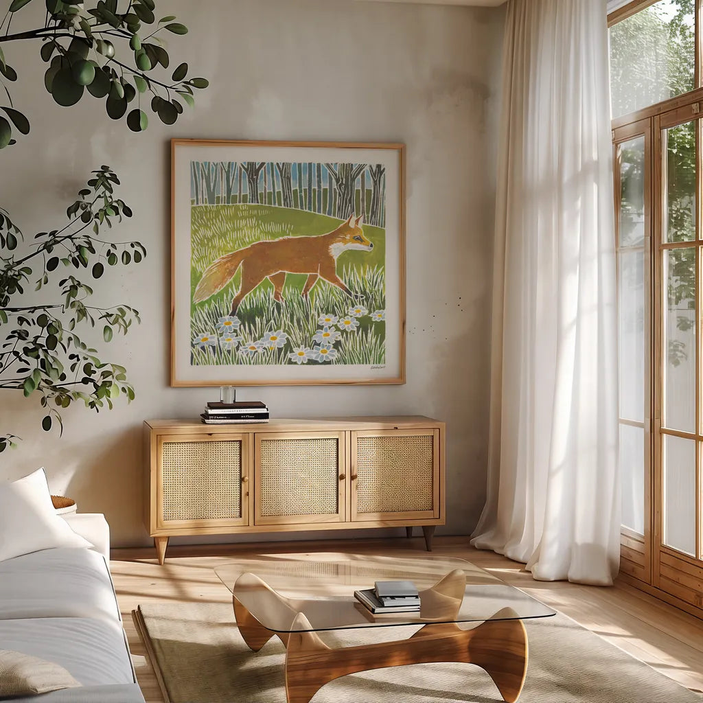 Wild Woodland I by Kathrine Lovell. Shown in a natural wood frame in a cozy modern living room. Available as an archival giclee rolled canvas, fine art paper, or poster print. SKU 77883a.