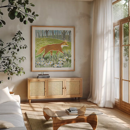 Wild Woodland I by Kathrine Lovell. Shown in a natural wood frame in a cozy modern living room. Available as an archival giclee rolled canvas, fine art paper, or poster print. SKU 77883a.