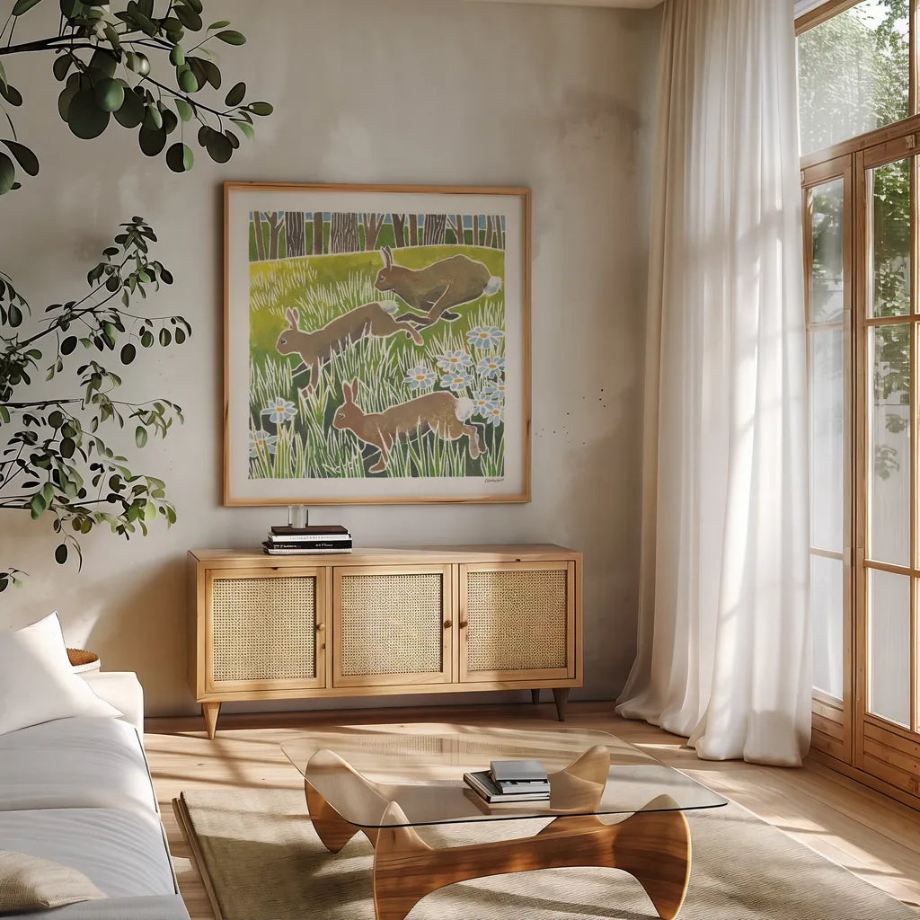 Wild Woodland II by Kathrine Lovell. Shown in a natural wood frame in a cozy modern living room. Available as an archival giclee rolled canvas, fine art paper, or poster print. SKU 77884a.
