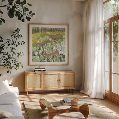 Wild Woodland II by Kathrine Lovell. Shown in a natural wood frame in a cozy modern living room. Available as an archival giclee rolled canvas, fine art paper, or poster print. SKU 77884a.