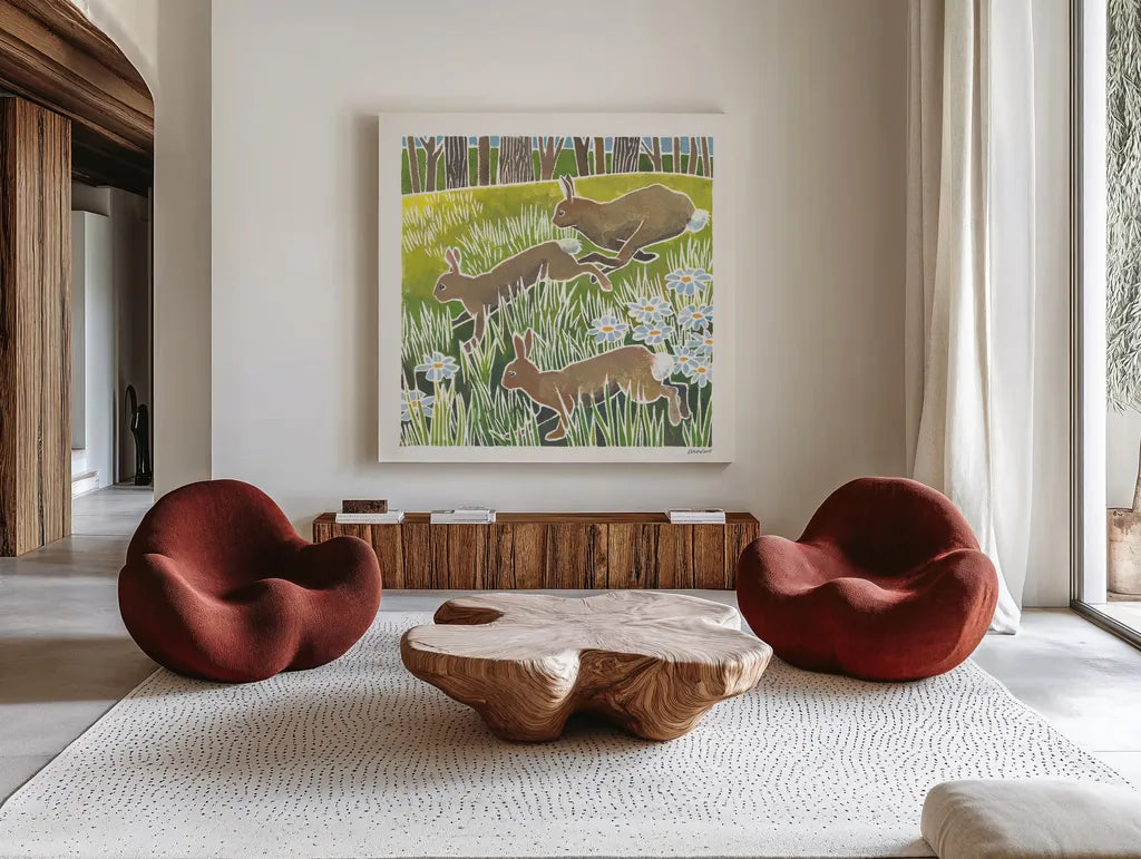 Wild Woodland II by Kathrine Lovell. Shown as extra-large giant wall art in a modern living room. Available as an archival giclee rolled canvas, fine art paper, or poster print. SKU 77884a.