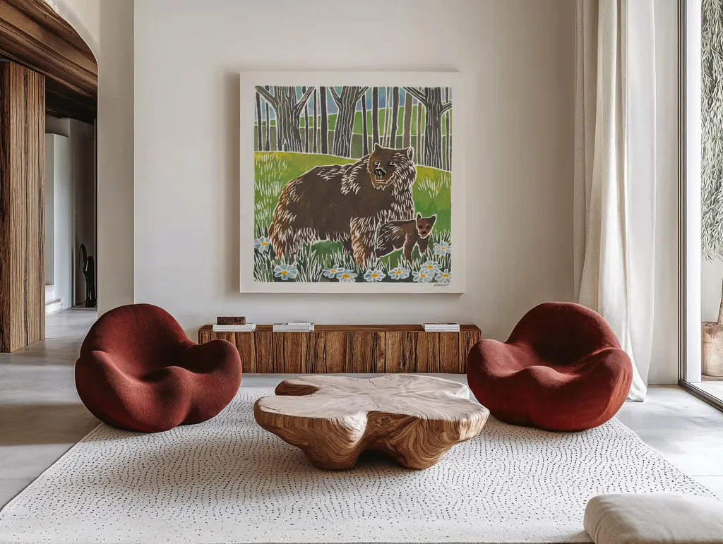 Wild Woodland III by Kathrine Lovell. Shown as extra-large giant wall art in a modern living room. Available as an archival giclee rolled canvas, fine art paper, or poster print. SKU 77885a.