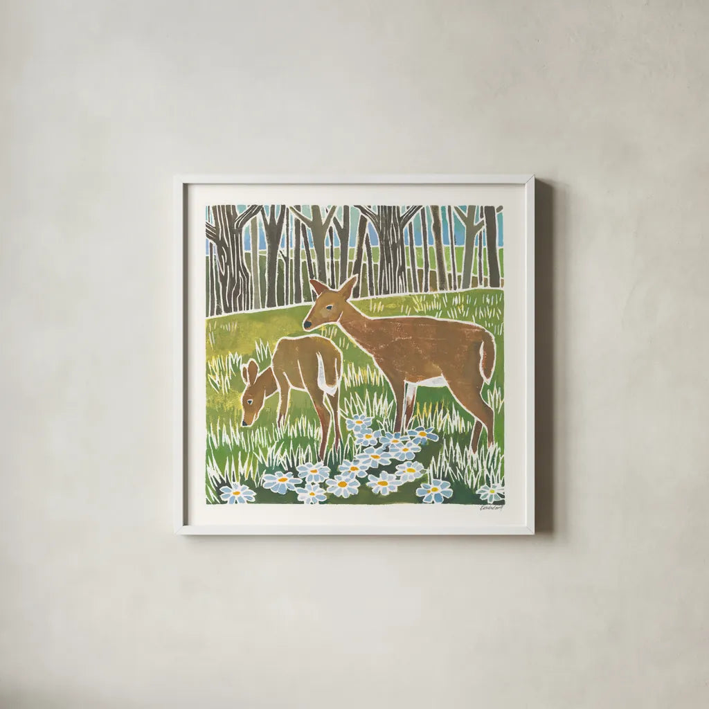 Wild Woodland IV by Kathrine Lovell. Shown in a crisp white glass frame for a clean and minimalist style. Available as an archival giclee rolled canvas, fine art paper, or poster print. SKU 77886a.