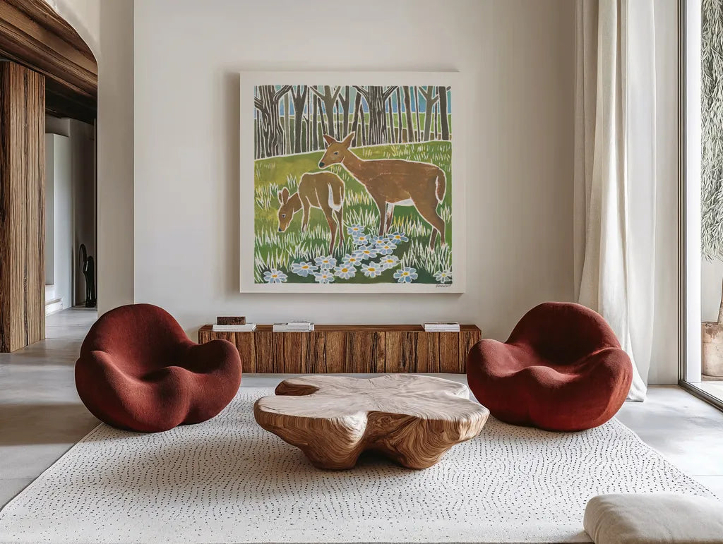 Wild Woodland IV by Kathrine Lovell. Shown as extra-large giant wall art in a modern living room. Available as an archival giclee rolled canvas, fine art paper, or poster print. SKU 77886a.