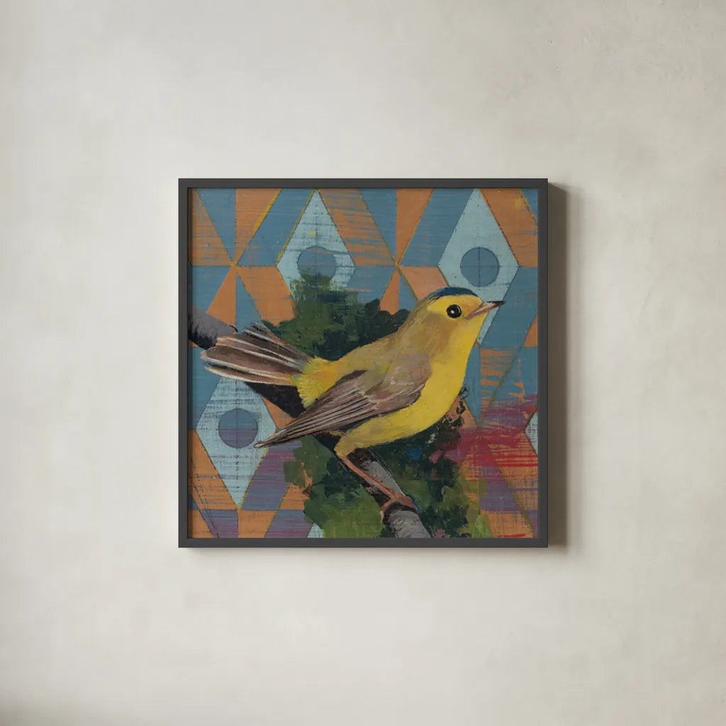 Wilson Warbler by Kathrine Lovell. Shown in a sleek black glass frame for a contemporary gallery look. Available as an archival giclee rolled canvas, fine art paper, or poster print. SKU 43539a.