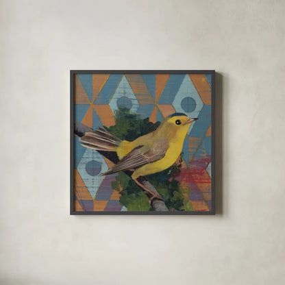 Wilson Warbler by Kathrine Lovell. Shown in a sleek black glass frame for a contemporary gallery look. Available as an archival giclee rolled canvas, fine art paper, or poster print. SKU 43539a.