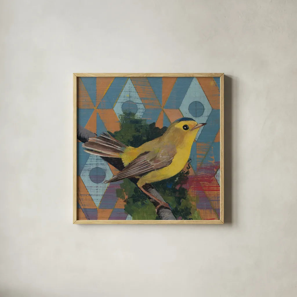 Wilson Warbler by Kathrine Lovell. Shown in a natural wood glass frame for a timeless modern aesthetic. Available as an archival giclee rolled canvas, fine art paper, or poster print. SKU 43539a.