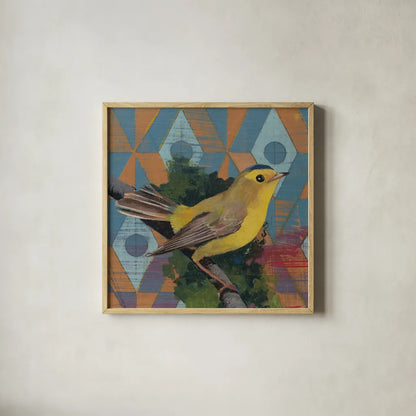 Wilson Warbler by Kathrine Lovell. Shown in a natural wood glass frame for a timeless modern aesthetic. Available as an archival giclee rolled canvas, fine art paper, or poster print. SKU 43539a.
