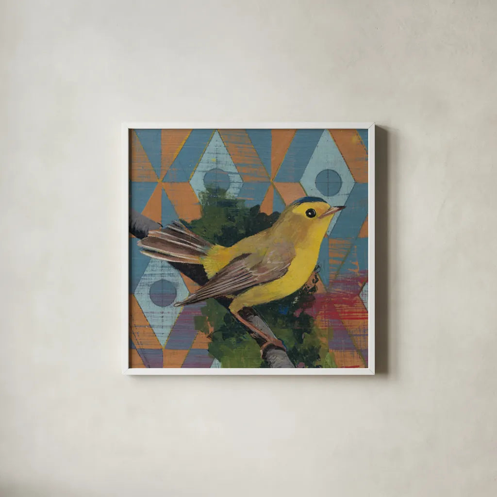 Wilson Warbler by Kathrine Lovell. Shown in a crisp white glass frame for a clean and minimalist style. Available as an archival giclee rolled canvas, fine art paper, or poster print. SKU 43539a.
