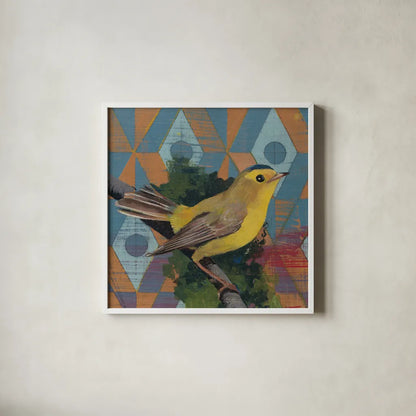 Wilson Warbler by Kathrine Lovell. Shown in a crisp white glass frame for a clean and minimalist style. Available as an archival giclee rolled canvas, fine art paper, or poster print. SKU 43539a.