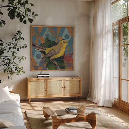 Wilson Warbler by Kathrine Lovell. Shown in a natural wood frame in a cozy modern living room. Available as an archival giclee rolled canvas, fine art paper, or poster print. SKU 43539a.