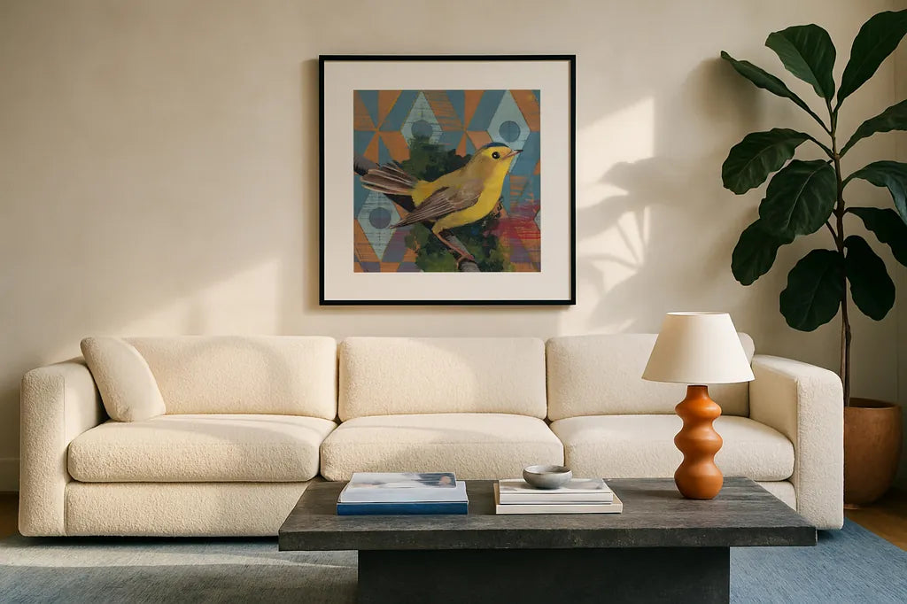 Wilson Warbler by Kathrine Lovell. Displayed in a glass frame with matte in a clean modern living room. Available as an archival giclee rolled canvas, fine art paper, or poster print. SKU 43539a.