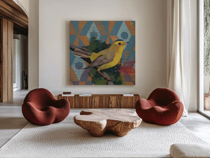 Wilson Warbler by Kathrine Lovell. Shown as extra-large giant wall art in a modern living room. Available as an archival giclee rolled canvas, fine art paper, or poster print. SKU 43539a.