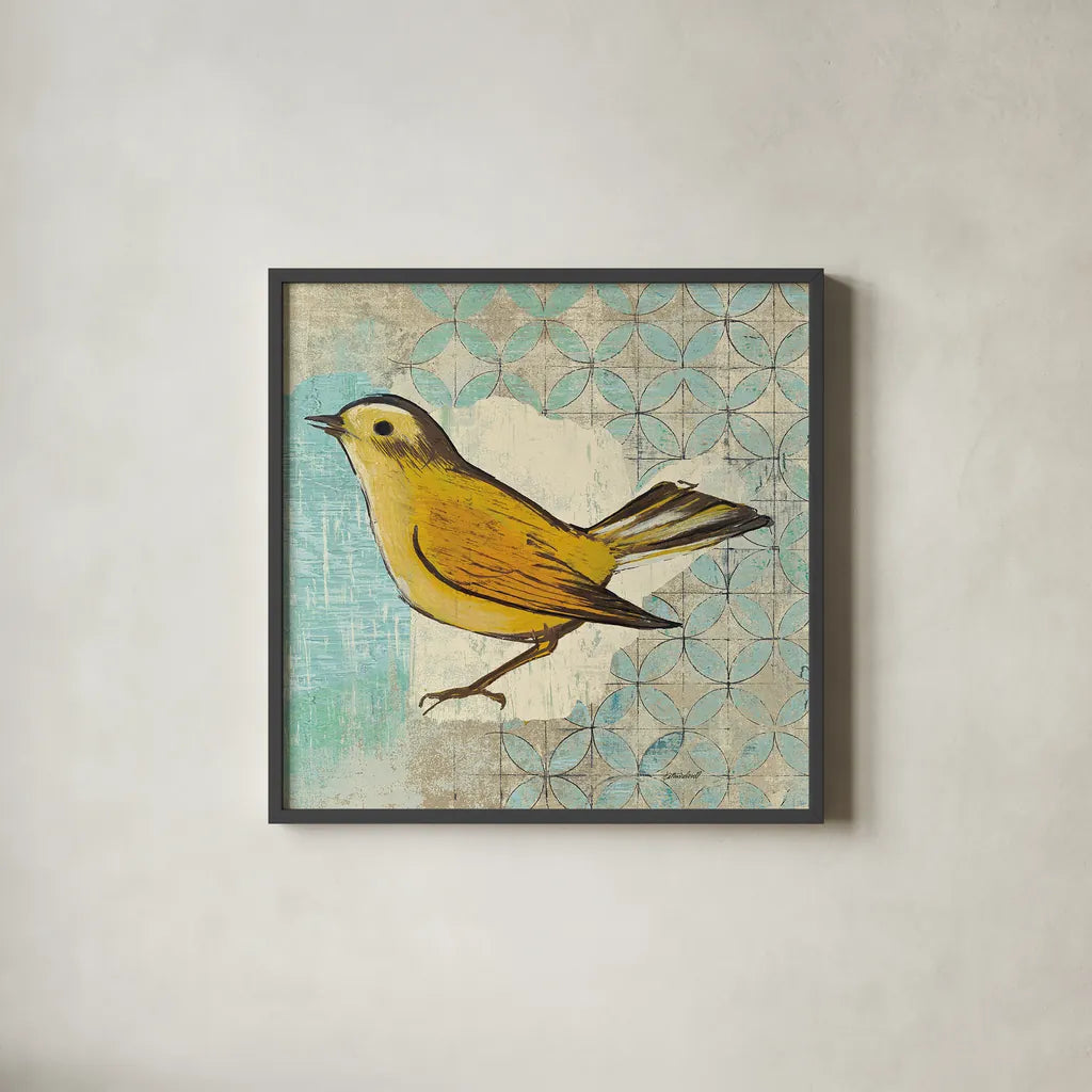 Wilsons Warbler II by Kathrine Lovell. Shown in a sleek black glass frame for a contemporary gallery look. Available as an archival giclee rolled canvas, fine art paper, or poster print. SKU 11494a.