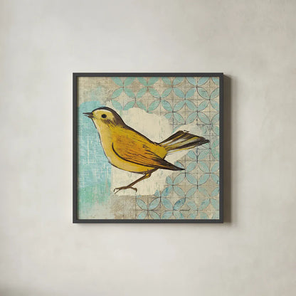 Wilsons Warbler II by Kathrine Lovell. Shown in a sleek black glass frame for a contemporary gallery look. Available as an archival giclee rolled canvas, fine art paper, or poster print. SKU 11494a.