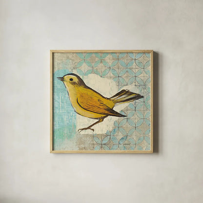 Wilsons Warbler II by Kathrine Lovell. Shown in a natural wood glass frame for a timeless modern aesthetic. Available as an archival giclee rolled canvas, fine art paper, or poster print. SKU 11494a.