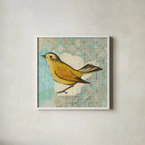 Wilsons Warbler II by Kathrine Lovell. Shown in a crisp white glass frame for a clean and minimalist style. Available as an archival giclee rolled canvas, fine art paper, or poster print. SKU 11494a.