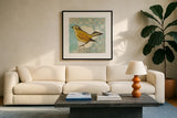 Wilsons Warbler II by Kathrine Lovell. Displayed in a glass frame with matte in a clean modern living room. Available as an archival giclee rolled canvas, fine art paper, or poster print. SKU 11494a.