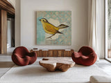 Wilsons Warbler II by Kathrine Lovell. Shown as extra-large giant wall art in a modern living room. Available as an archival giclee rolled canvas, fine art paper, or poster print. SKU 11494a.
