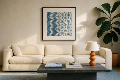 Windjammer I by Kathrine Lovell. Displayed in a glass frame with matte in a clean modern living room. Available as an archival giclee rolled canvas, fine art paper, or poster print. SKU 33437a.