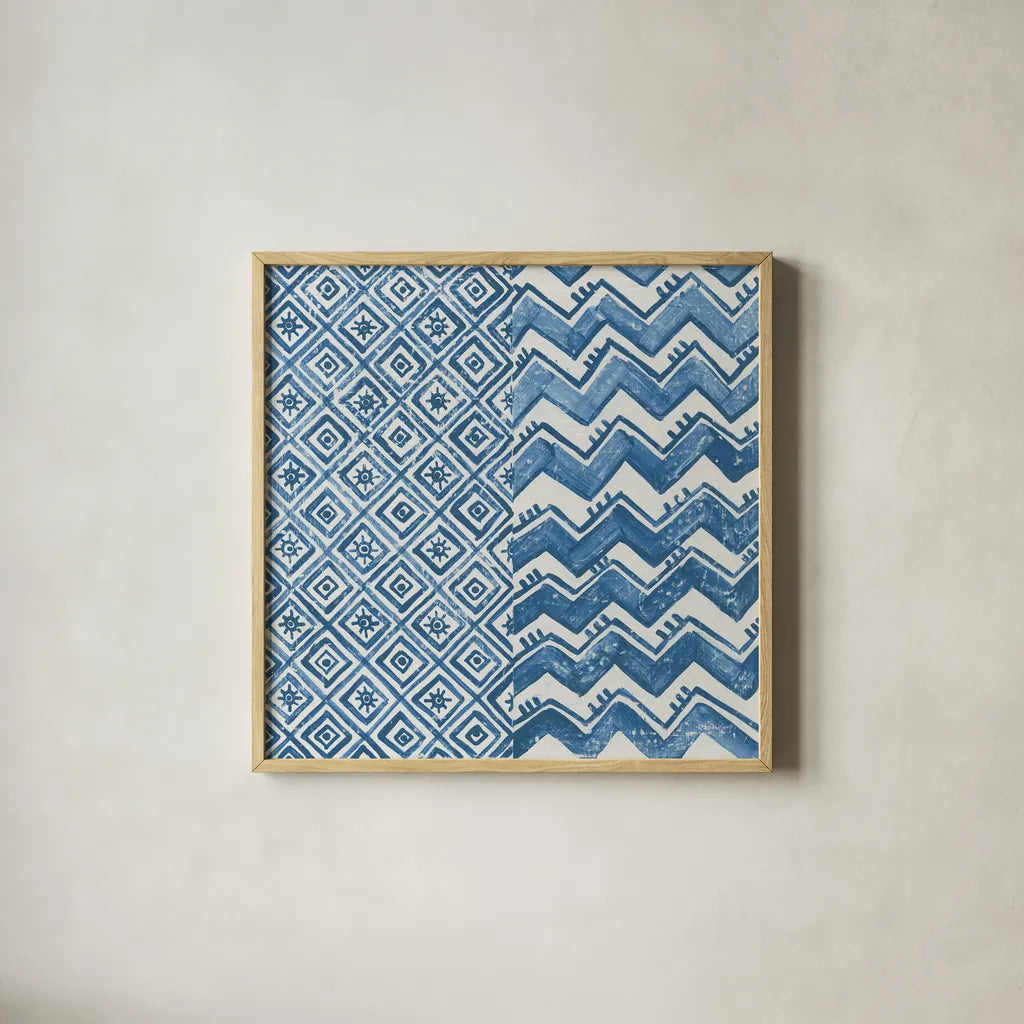 Windjammer II by Kathrine Lovell. Shown in a natural wood glass frame for a timeless modern aesthetic. Available as an archival giclee rolled canvas, fine art paper, or poster print. SKU 33438a.