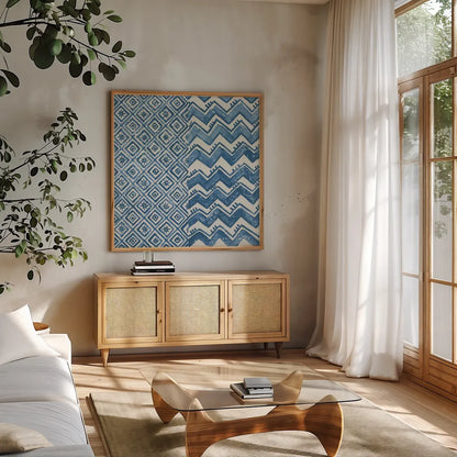 Windjammer II by Kathrine Lovell. Shown in a natural wood frame in a cozy modern living room. Available as an archival giclee rolled canvas, fine art paper, or poster print. SKU 33438a.