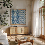Windjammer VI by Kathrine Lovell. Shown in a natural wood frame in a cozy modern living room. Available as an archival giclee rolled canvas, fine art paper, or poster print. SKU 34127a.