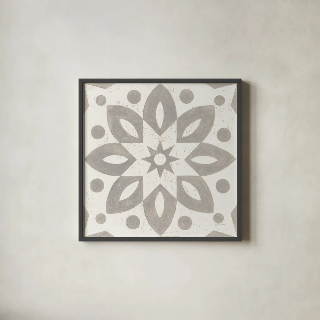 Winter Caravan Tile I by Kathrine Lovell. Shown in a sleek black glass frame for a contemporary gallery look. Available as an archival giclee rolled canvas, fine art paper, or poster print. SKU 56583a.