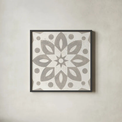 Winter Caravan Tile I by Kathrine Lovell. Shown in a sleek black glass frame for a contemporary gallery look. Available as an archival giclee rolled canvas, fine art paper, or poster print. SKU 56583a.