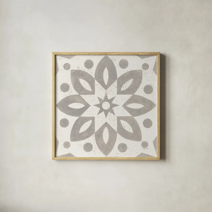 Winter Caravan Tile I by Kathrine Lovell. Shown in a natural wood glass frame for a timeless modern aesthetic. Available as an archival giclee rolled canvas, fine art paper, or poster print. SKU 56583a.
