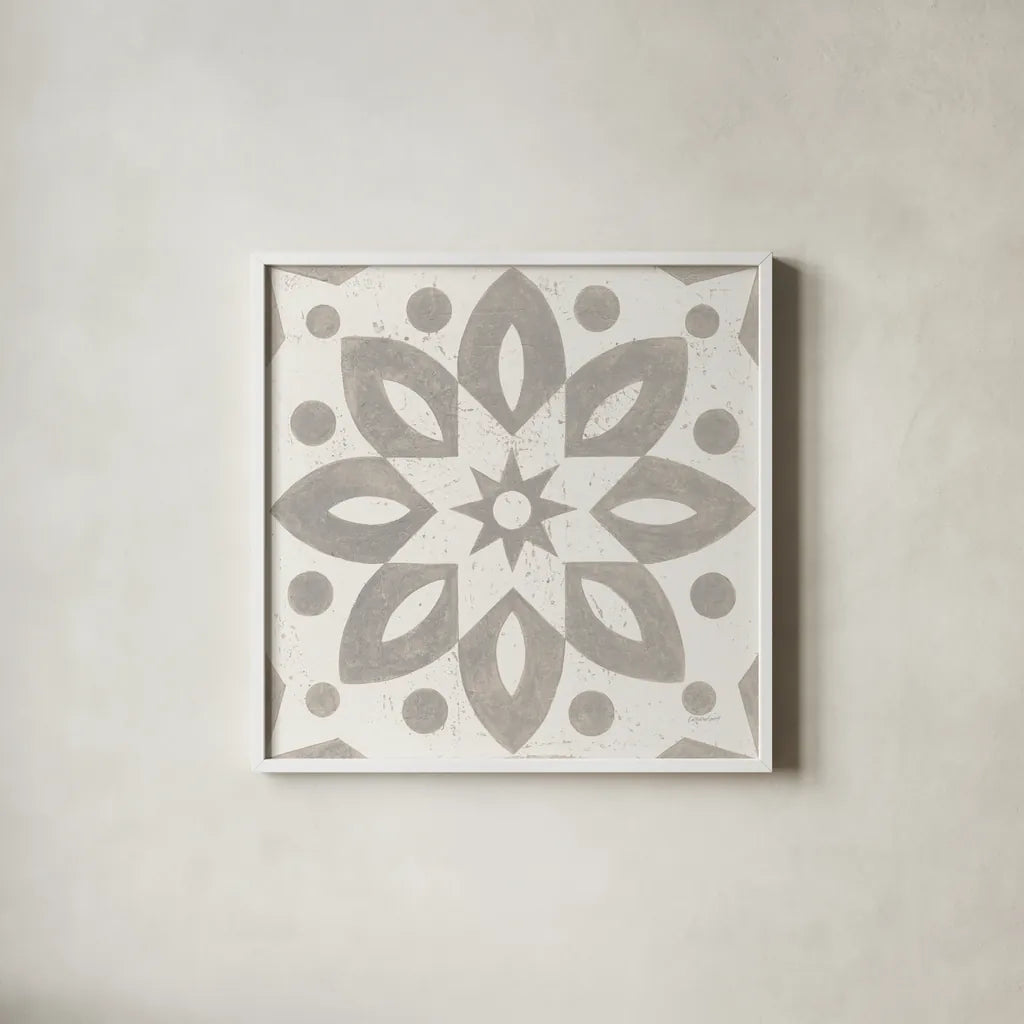 Winter Caravan Tile I by Kathrine Lovell. Shown in a crisp white glass frame for a clean and minimalist style. Available as an archival giclee rolled canvas, fine art paper, or poster print. SKU 56583a.