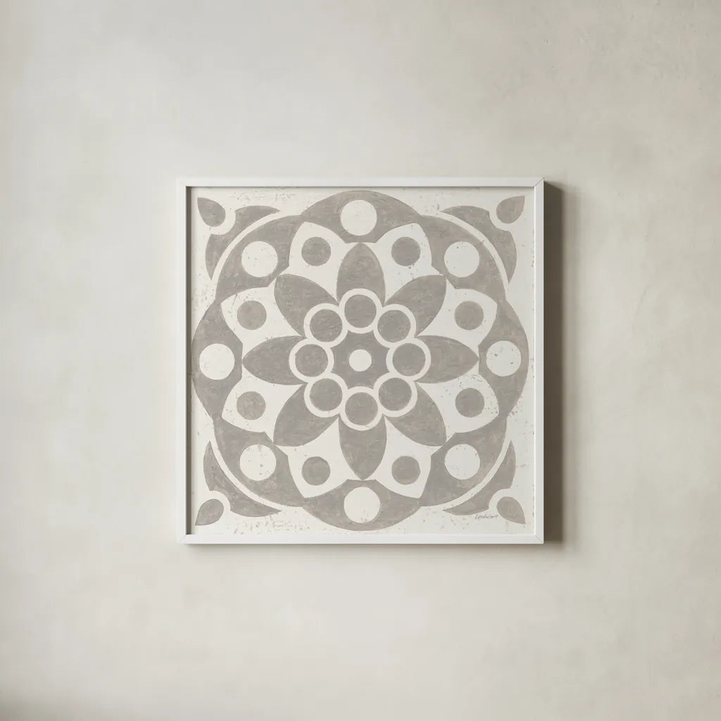 Winter Caravan Tile II by Kathrine Lovell. Shown in a crisp white glass frame for a clean and minimalist style. Available as an archival giclee rolled canvas, fine art paper, or poster print. SKU 56584a.