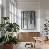 Winter Woods by Kathrine Lovell. shown as a print in a natural wood frame in a dining room. Available as a archival giclee rolled canvas, fine art paper, or poster print. SKU 39860h.