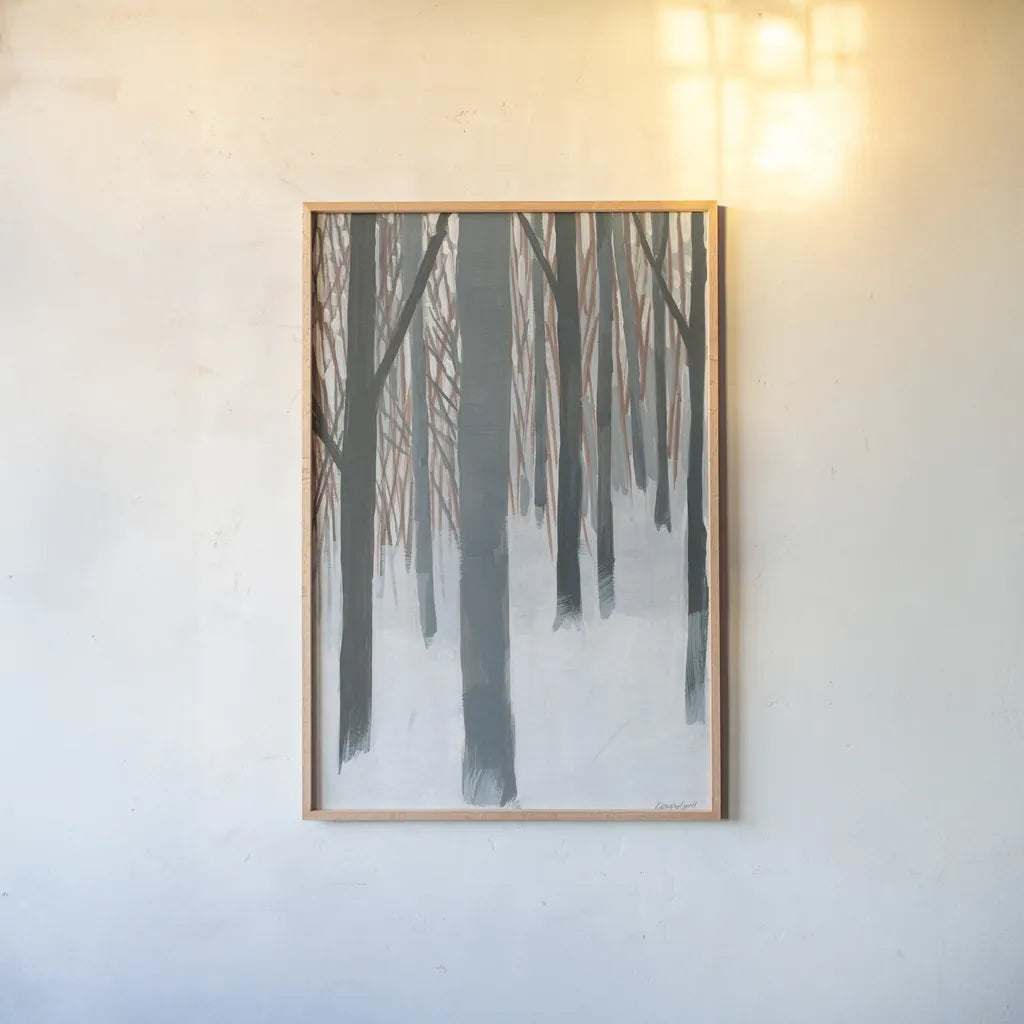 Winter Woods by Kathrine Lovell. shown as a paper print in a natural frame. Available as a archival giclee rolled canvas, fine art paper, or poster print. SKU 39860h.