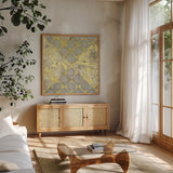 Yellow Sundown Sky by Kathrine Lovell. Shown in a natural wood frame in a cozy modern living room. Available as an archival giclee rolled canvas, fine art paper, or poster print. SKU 43533a.