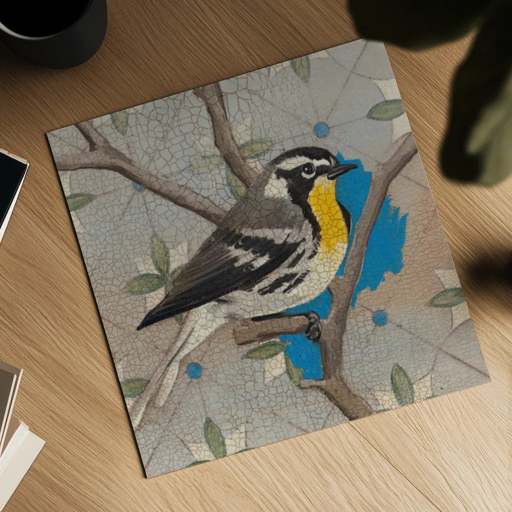 Yellow Thorated Warbler by Kathrine Lovell. Shown as a detailed flat fine art print, highlighting archival giclee quality. Available as an archival giclee rolled canvas, fine art paper, or poster print. SKU 43538a.