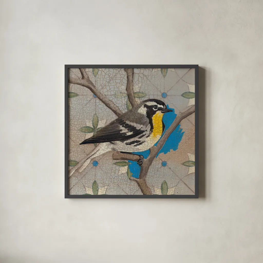 Yellow Thorated Warbler by Kathrine Lovell. Shown in a sleek black glass frame for a contemporary gallery look. Available as an archival giclee rolled canvas, fine art paper, or poster print. SKU 43538a.