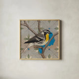 Yellow Thorated Warbler by Kathrine Lovell. Shown in a natural wood glass frame for a timeless modern aesthetic. Available as an archival giclee rolled canvas, fine art paper, or poster print. SKU 43538a.