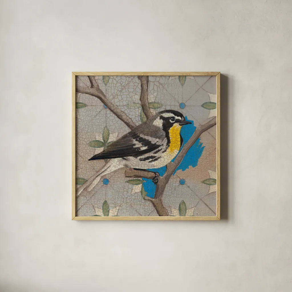 Yellow Thorated Warbler by Kathrine Lovell. Shown in a natural wood glass frame for a timeless modern aesthetic. Available as an archival giclee rolled canvas, fine art paper, or poster print. SKU 43538a.