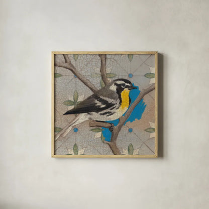Yellow Thorated Warbler by Kathrine Lovell. Shown in a natural wood glass frame for a timeless modern aesthetic. Available as an archival giclee rolled canvas, fine art paper, or poster print. SKU 43538a.