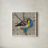 Yellow Thorated Warbler by Kathrine Lovell. Shown in a crisp white glass frame for a clean and minimalist style. Available as an archival giclee rolled canvas, fine art paper, or poster print. SKU 43538a.
